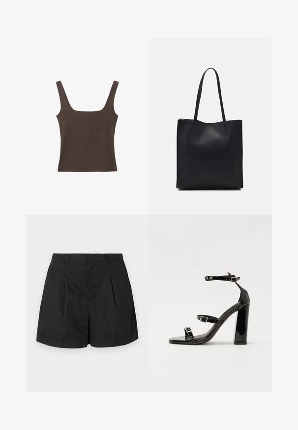 Hnědý bezramínkový top se čtvercovým výstřihem vyrobený z měkké, elastické tkaniny. Má přiléhavý design a ploché švy.; Černé šortky vyrobené z lehkého, hladkého materiálu. Obsahují řasení na přední straně, upravený siluetu a ohrnutý lem na spodním okraji.; Černé lakované sandály na podpatku se čtveratou špičkou, lýtkovými pásky a stříbrnými přezkami. Disponují masivním blokovým podpatkem pro stabilitu.; Černá kožená taška přes rameno s hladkým povrchem, obdélníkovým tvarem a dvěma dlouhými uchy. Žádné viditelné kování ani ozdoby.