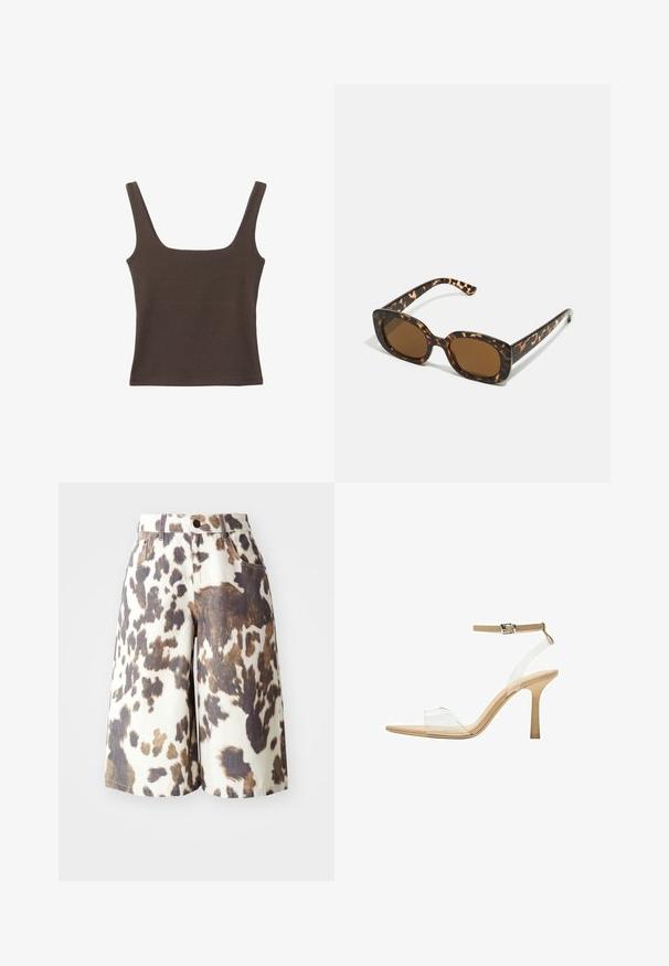 Haut sans manches marron avec un décolleté carré, fabriqué à partir d'un tissu doux et extensible. Présente un design ajusté et des coutures plates.; Shorts jusqu'aux genoux dans une base crème avec un imprimé léopard brun et noir. Comprend des poches traditionnelles et une fermeture à bouton marron.; Sandale à talon transparent avec un supérieur transparent, semelle beige et une fine bride de cheville. Dispose d'un bout pointu et d'un fin talon haut.; Lunettes de soleil en écaille de tortue avec une monture ronde et épaisse et des verres marron. Présente des motifs subtils et des branches droites et effilées.