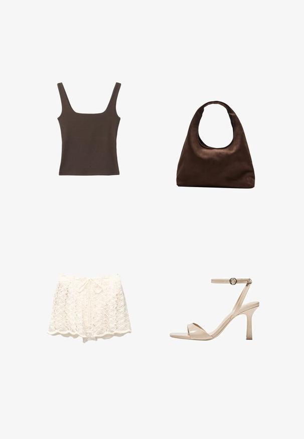 Top senza maniche marrone con scollo quadrato, realizzato in tessuto morbido ed elastico. Presenta un design aderente e cuciture piatte.; Pantaloni corti bianchi all'uncinetto con orlo a onde, caratterizzati da un design in maglia aperta e testurizzata e una vita con coulisse per una vestibilità regolabile.; Sandal in pelle verniciata nuda con tacco alto, cinturino sottile alla caviglia e fibbia circolare, design con punta aperta e tacco a stiletto slanciato.; Borsa hobo di un morbido marrone con una sola tracolla larga e un'apertura a manico curvo, esposta su uno sfondo bianco.