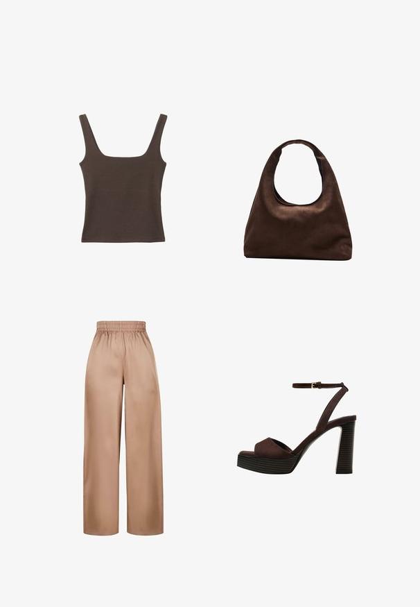 Braunes ärmelloses Oberteil mit quadratischem Ausschnitt, aus weichem, dehnbarem Stoff gefertigt. Verfügt über ein figurbetontes Design und flache Nähte.; Weit geschnittene, hellbraune Hosen aus glattem Stoff mit einem elastischen Bund. Sie verfügen über ein einfaches Design ohne zusätzliche Verzierungen.; Braune Wildleder-Pumps mit offenem Zeh, verstellbarem Knöchelriemen und gestreiftem Plateausohlen.; Weiche braune Hobo-Stil Handtasche mit einem einzigen breiten Trageriemen und einer geschwungenen Oberteilöffnung, auf einem weißen Hintergrund präsentiert.