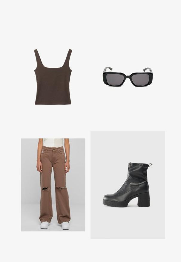Hnedý bezrúškový top so štvorcovým výstrihom, vyrobený z mäkkého, elastického materiálu. Má priliehavý strih a ploché švy.; Hnedé džínsy s širokými nohavicami vyrobené z denimu, s poškodenými roztrhnutými miestami na kolenách, vysokým pásom a klasickým dizajnom s piatimi vreckami.; Čierne členkové topánky z hladkej kože, so bočným zipsom, robustnou textúrovanou pätnou časťou a zaobleným dizajnom špičky.; Čierne obdĺžnikové slnečné okuliare s tmavými sklami, hladkým plastovým rámom a zakrivenými stranami. Dizajn je robustný s minimalistickou estetikou.
