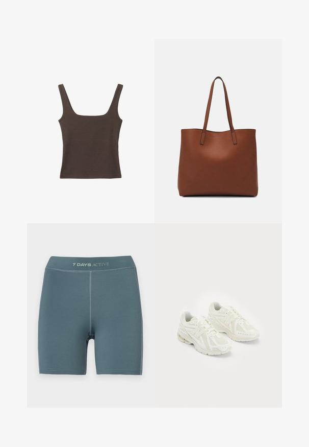 Ruskea hihaton toppi, jossa on neliönmuotoinen kaula-aukko, valmistettu pehmeästä ja joustavasta kankaasta. Ominaisuuksiin kuuluu istuva muotoilu ja sileät saumat.; Vaaleansiniset aktiivishortsit, joissa on sileä pinta, reiden puoliväliin asti ulottuva pituus ja logo vyötäröllä; sisältää vahvistetut saumat.; Valkoiset urheilukengät, joissa on verkkomateriaali ja synteettisiä materiaaleja, nauhakuulakesuunnittelu, pehmustettu kaulus ja teksturoitu pohja pidon takaamiseksi. Kevyt rakenne.; Ruskea nahkainen olkalaukku, jossa on sileä pinta, avoin yläosa ja kaksi olkahihnaa. Omaavat vain minimaalisen ompelun eikä näkyvää metalliosaa.