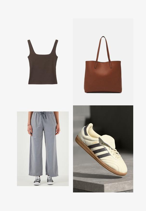 Brązowa bezrękawnikowa bluzka o kwadratowym dekolcie, wykonana z miękkiego, elastycznego materiału. Posiada dopasowany krój i płaskie szwy.; Szerokie szare spodnie z gumką w pasie i postrzępionym dołem, wykonane z lekkiego materiału. W zestawieniu z czarno-białymi trampkami.; Kremowe skórzane trampki z trzema ciemnymi paskami, brązową gumową podeszwą i zaokrąglonym noskiem. Posiadają składany język z napisem "SAMBA".; Brązowa skórzana torba tote o gładkiej fakturze, z otwartym wierzchem i dwoma ramiączkami. Charakteryzuje się minimalnym przeszyciem i brakiem widocznych elementów metalowych.