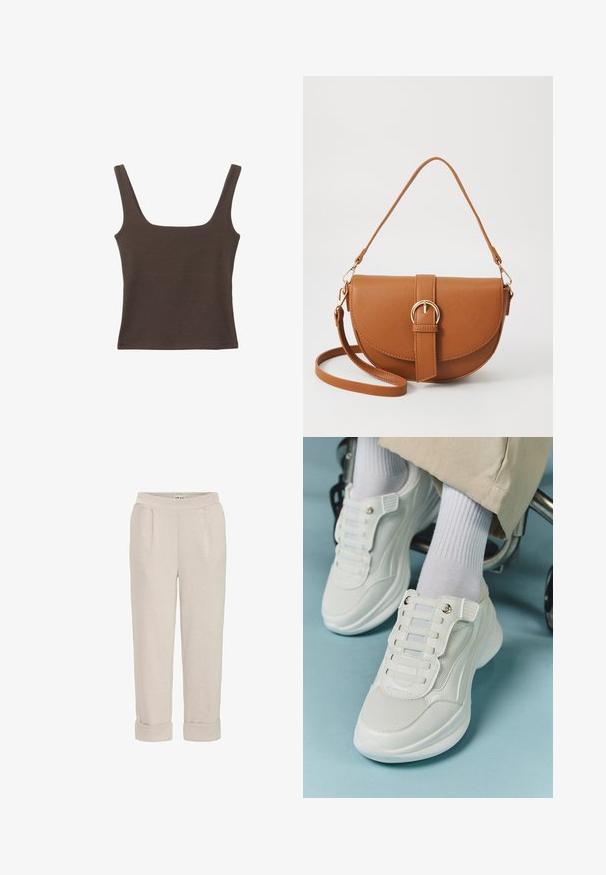 Hnědý bezramínkový top se čtvercovým výstřihem vyrobený z měkké, elastické tkaniny. Má přiléhavý design a ploché švy.; Světlé béžové kalhoty vyrobené z měkké látky, s volným střihem, ohrnutými lemy a bočními kapsami s hladkým povrchem.; Bílé tenisky s materiálem z mešové tkaniny, gumovou podrážkou, bezšňůrovým designem s elastickými pásky a zlatými akcenty.; Hnědá kožená křížová taška s zakřiveným tvarem, zlatými detaily a akcentem s přezkou. Obsahuje odnímatelný popruh na rameno.
