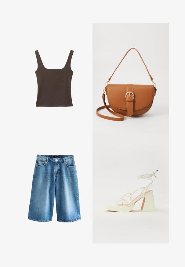 Hnedý bezrúškový top so štvorcovým výstrihom, vyrobený z mäkkého, elastického materiálu. Má priliehavý strih a ploché švy.; Next Denimové šortky - dark blue; Biele sandále na vysokom opätku s hrubým podpätkom, s pruhovaným dizajnom a viazaním na členku. Hladký povrch s platformou vpredu pre zvýšenú výšku.; Hnedá kožená kabelka cez telo s zakriveným tvarom, zlatými kovovými doplnkami a akcentom s prackou. Obsahuje odnímateľný ramenný popruh.