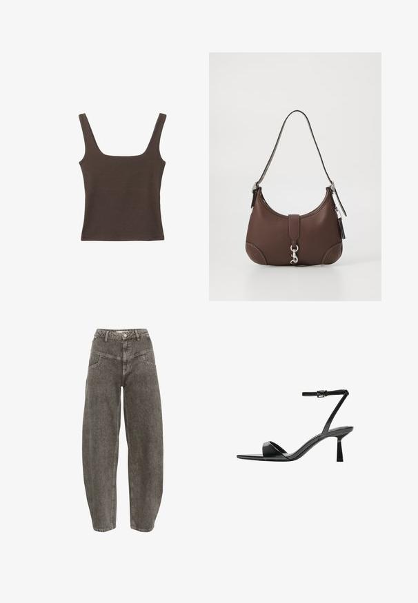 Rjava brezrokavna majica s kvadratnim izrezom, narejena iz mehkega, elastičnega materiala. Ima oprijet kroj in ravne šive.; Gestuz JOSIE BARREL - Široke hlačnice - greige denim wash; Bershka Sandali z visoko peto - black; Rjava usnjena torbica za roke z zaobljeno obliko, srebrnimi dodatki in okrasnim šivanjem. Ima naramnico in zaponko za zapiranje.