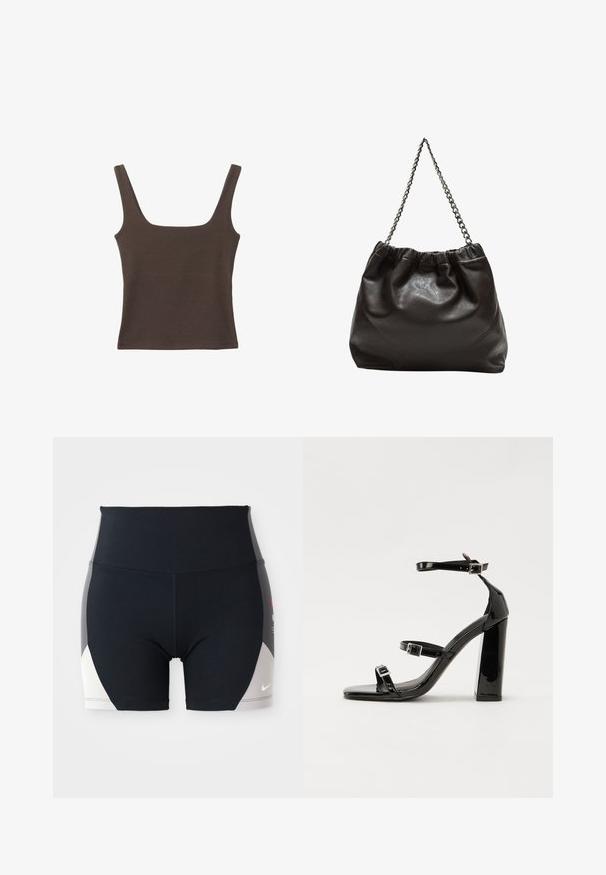 Brun ärmlös topp med fyrkantig halsringning, tillverkad av mjukt, elastiskt tyg. Har en figurnära design och plana sömmar.; Svarta träningsshorts med hög midja. Har grå och vita detaljer på sidorna, tillverkade av ett fukttransporterande stretchmaterial.; Svarta lackerade klacksandaler med fyrkantig tå, ankelremmar och silverfärgade spännen. Har en kraftig blockklack för stabilitet.; Brun läderväska med rynkad topp och kedjesnodd. Slät textur med en blankslipad yta och subtila sömdetaljer på sidorna.