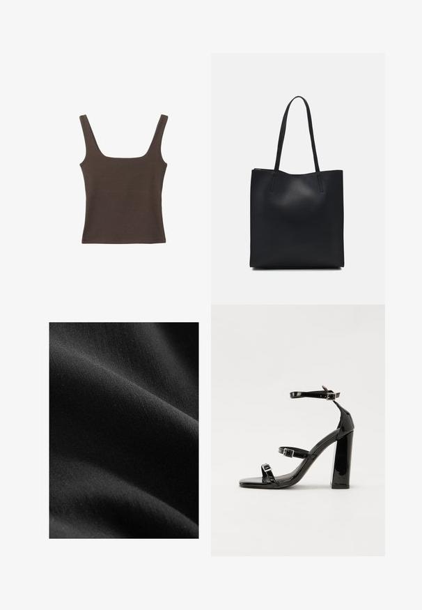 Braunes ärmelloses Oberteil mit quadratischem Ausschnitt, aus weichem, dehnbarem Stoff gefertigt. Verfügt über ein figurbetontes Design und flache Nähte.; Schwarzer Stoff mit einer glatten, matten Textur, der subtile Farb- und Faservariationen zeigt und drapiert ist, um weiche Kurven und Tiefe zu enthüllen.; Schwarze patentierte Sandalen mit Absatz, quadratischer Spitze, Knöchelriemen und silbernen Schnallen. Mit einem stabilen Blockabsatz für mehr Stabilität.; Schwarze Laptoptasche aus Leder mit glatter Textur, rechteckiger Form und zwei langen Griffen. Keine sichtbaren Beschläge oder Verzierungen.