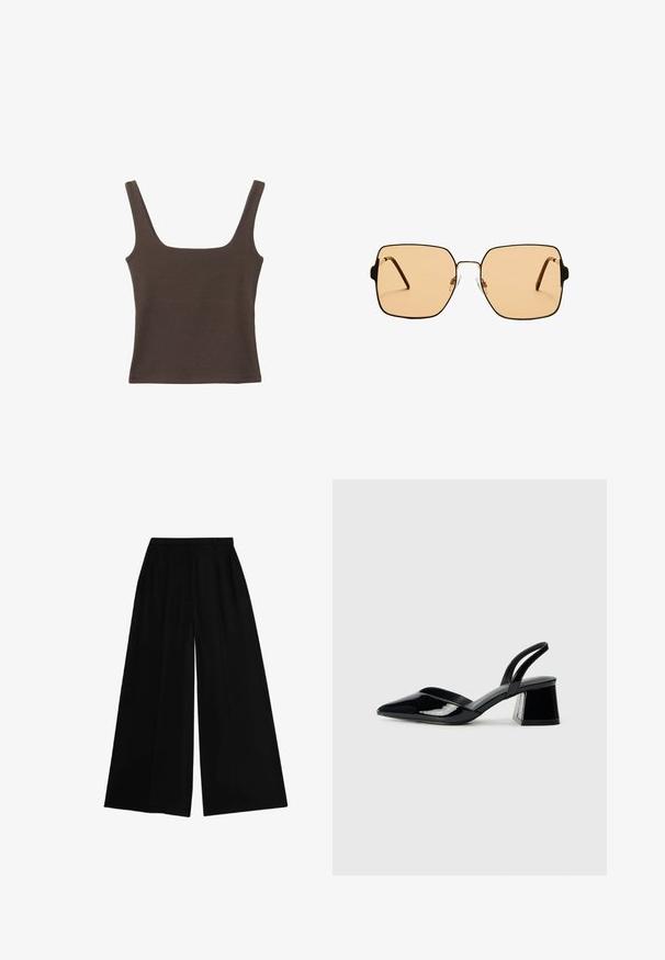 Bruine tanktop zonder mouwen met een vierkante halslijn, gemaakt van zachte, rekbare stof. Heeft een aansluitend ontwerp en platte naden.; Zwarte wijde broek met hoge taille, gemaakt van een gladde stof, met persplooien voor structuur en een getailleerde pasvorm.; Zwarte gepatineerde leren slingback hakken met een spitse neus en een geometrische blokhak. Kenmerkt zich door een slank, minimalistisch ontwerp en een gladde textuur.; Vierkante zonnebril met bruine lenzen en een dun zwart metalen frame. Beschikt over schuine pootjes en verstelbare neuspads voor comfort.; Zwarte leren handtas met een gebogen vorm, afneembare schouderband en gouden hardware. De tas heeft een klep met een gespsluiting.