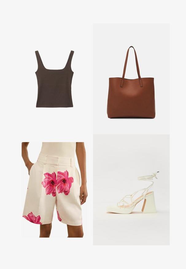 Haut sans manches marron avec un décolleté carré, fabriqué à partir d'un tissu doux et extensible. Présente un design ajusté et des coutures plates.; Next PETITE - FLORAL TAILORED - Short - ecru pink; Sandale blanche à talons hauts avec un talon épais, présentant un design à lanières et un lien autour de la cheville. Texture lisse avec une plateforme à l'avant pour une hauteur supplémentaire.; Sac fourre-tout en cuir marron avec une texture lisse, design à ouverture supérieure et deux poignées pour le porter à l'épaule. Présente des coutures minimales et aucun matériel visible.