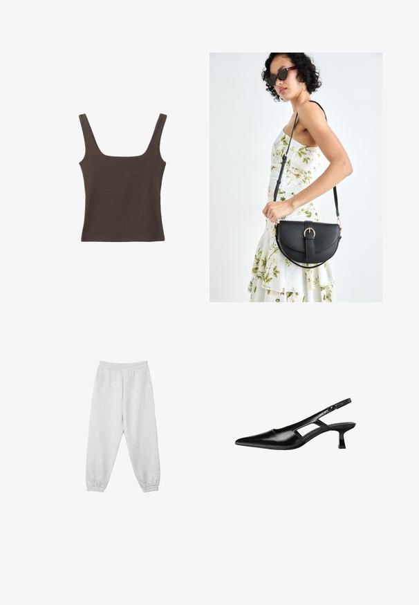 Brun ærmeløs top med firkantet udskæring, lavet af blød, strækbar stof. Har et tætsiddende design og flade sømme.; Lys grå sweatpants lavet af blødt stof, med elastisk talje, to sidelommer og elastiske manchetter ved anklerne.; Sorte patentlæder slingback hæle med spids tå, udskåret sideskærm og en lille firkantet hæl. Glat tekstur med minimale detaljer.; Sort læderhåndtaske med en buet form, aftagelig rem og guldfinish. Tasken har en klap med en spænde detalje.
