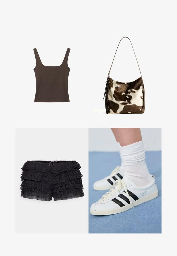 Hnědý bezramínkový top se čtvercovým výstřihem vyrobený z měkké, elastické tkaniny. Má přiléhavý design a ploché švy.; Jaded London BLOOMER SHORTS - Šortky - black; Bílé kožené tenisky s černými pruhy, krémovou podešví a světlými tkaničkami. Nosené s bílými žebrovanými ponožkami, umístěné na modrém pozadí.; Hnědá a krémová kravská kůže ramenní taška s hladkým koženým popruhem, zipovým uzavřením a jemným, texturovaným povrchem s přírodním vzorem.