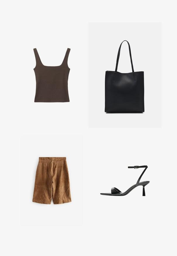 Hnedý bezrúškový top so štvorcovým výstrihom, vyrobený z mäkkého, elastického materiálu. Má priliehavý strih a ploché švy.; Hnedé semišové šortky s voľným strihom, ktoré majú jemné švy a stredne vysoký pás. Hladká textúra bez viditeľných kovových prvkov.; Bershka Sandále na vysokom opätku - black; Čierna kožená taška na rameno s hladkým povrchom, obdĺžnikovým tvarom a dvoma dlhými uchami. Bez viditeľného kovania alebo ozdôb.