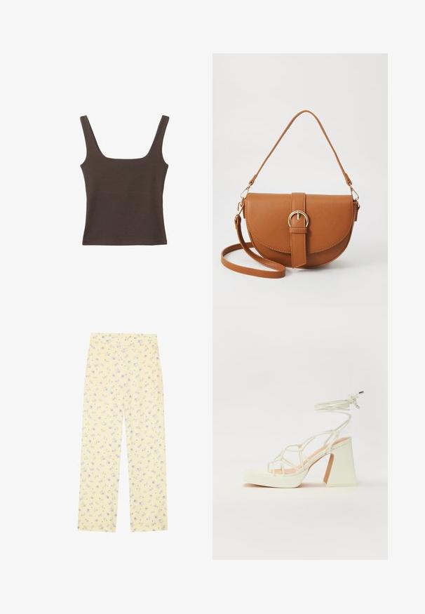 Rjava brezrokavna majica s kvadratnim izrezom, narejena iz mehkega, elastičnega materiala. Ima oprijet kroj in ravne šive.; Svetlo rumene hlače širokega kroja z cvetličnim vzorcem v modri barvi. Elastik v pasu, mehak material in ravno krojenje zasnovano za udobje.; Bela sandala na visokih petah s debelim petam, ki ima obliko trakcev in vezanje okoli gležnja. Gladka tekstura z platformo spredaj za dodatno višino.; Rjava usnjena torbica prek telesa s ukrivljeno obliko, zlate opreme in sponko. Ima odstranljiv naramni trak.