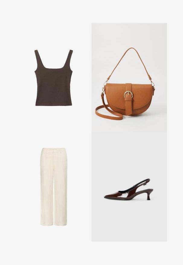Brown sleeveless top with a square neckline, made from soft, stretchy fabric. Features a fitted design and flat seams.; Linen trousers in off-white, featuring a straight leg design, side pockets, and a smooth texture with a subtle weave pattern.; Brown patent leather slingback shoe with a pointed toe and a moderate heel. Features a buckle strap for secure fit. Smooth texture.; Brown leather crossbody bag with a curved shape, gold hardware, and a buckle accent. Features a detachable shoulder strap.