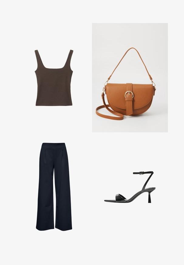 Smešani smeđi top bez rukava sa kvadratnim izrezom, izrađen od mekanog, rastezljivog materijala. Ima kroj koji se uklapa i ravne šavne.; Široke hlače od rastezljivog tamnoplavog materijala, s glatkim pojasom i dva prednja džepa, s opuštenim krojem i punom dužinom.; Bershka Sandale s visokom petom - black; Smeđa kožna torba preko tijela s zakrivljenim oblikom, zlatnim metalnim detaljima i naglaskom na kopču. Ima odvojivu naramenicu.