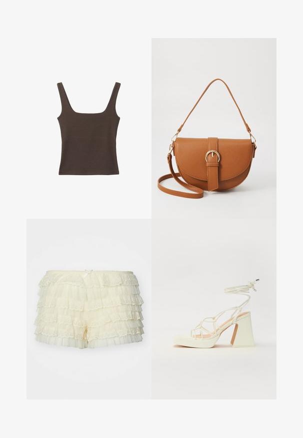 Brun ärmlös topp med fyrkantig halsringning, tillverkad av mjukt, elastiskt tyg. Har en figurnära design och plana sömmar.; Jaded London VANILLA RHEA BLOOMER - Shorts - cream; Vit högklackad sandal med en kraftig klack, med ett remdesign och ankelband. Slät textur med en plattform framtill för ökad höjd.; Brun läder crossbody-väska med en böjd form, gyllene detaljer och en spänneaccent. Har en avtagbar axelrem.