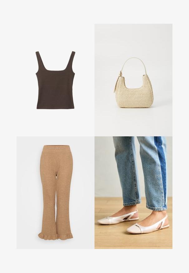 Brun ärmlös topp med fyrkantig halsringning, tillverkad av mjukt, elastiskt tyg. Har en figurnära design och plana sömmar.; Ljusbruna ribbade stickade byxor med utsvängd nederkant och volangslut. Elastisk midja för komfort. Jämn textur genom hela byxorna.; Ljust rosa slingback-lägenheter med spetsig tå, tillverkade av ett slätt läderliknande material. Har utskurna detaljer på sidorna och en platt häl.; Vävd halmhandväska i beige med en kurvad form, ett kort handtag och en sidoglid. Har en texturerad yta och minimalistisk design.