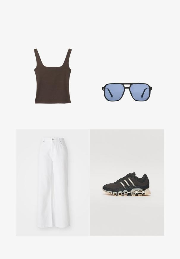 Rjava brezrokavna majica s kvadratnim izrezom, narejena iz mehkega, elastičnega materiala. Ima oprijet kroj in ravne šive.; Beli široke hlače iz bele denimske tkanine z visokim pasom, ki imajo sprednje žepke in srebrno zaponko. Tekstura je gladka, barva pa enotna.; Črne športne čevlje z teksturiranim zgornjim delom, tremi srebrnimi črtami in značilno blažilno podplatom, ki vključuje več integriranih delov.; Stradivarius RETRO - Sončna očala - light blue
