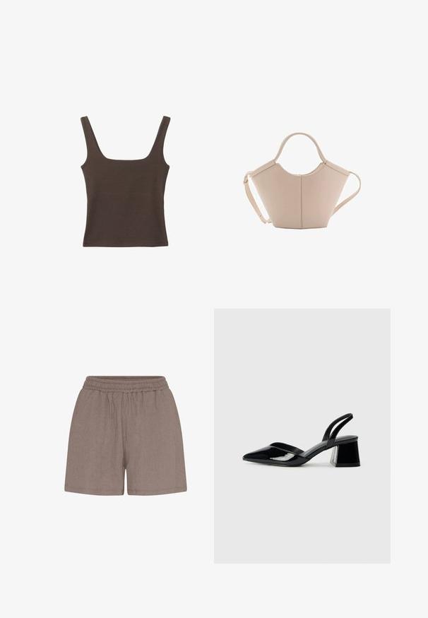 Top senza maniche marrone con scollo quadrato, realizzato in tessuto morbido ed elastico. Presenta un design aderente e cuciture piatte.; Shorts marroni con texture e vita elastica. Presentano una vestibilità comoda e una costruzione semplice, adatti per un abbigliamento casual.; Décolleté in vernice nera con punta affusolata e tacco in geometria cubica. Presentano un design elegante e minimalista, con una texture liscia.; Borsa in pelle beige con una forma unica, caratterizzata da due manici corti e una lunga tracolla regolabile. Texture liscia con hardware minimale.