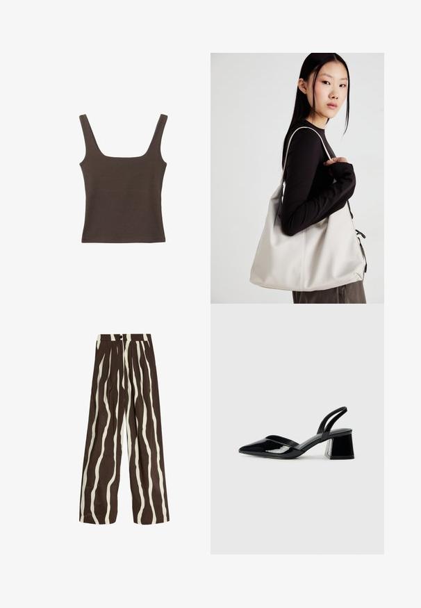 Top senza maniche marrone con scollo quadrato, realizzato in tessuto morbido ed elastico. Presenta un design aderente e cuciture piatte.; Pantaloni a vita alta con gamba larga, caratterizzati da strisce verticali ondulate bianche e marroni scure, con bottone frontale, zip e tasche laterali.; Décolleté in vernice nera con punta affusolata e tacco in geometria cubica. Presentano un design elegante e minimalista, con una texture liscia.; Borsa a mano beige realizzata in materiale morbido, caratterizzata da un design morbido, dettagli cuciti e due manici. Adatta per l'uso quotidiano.
