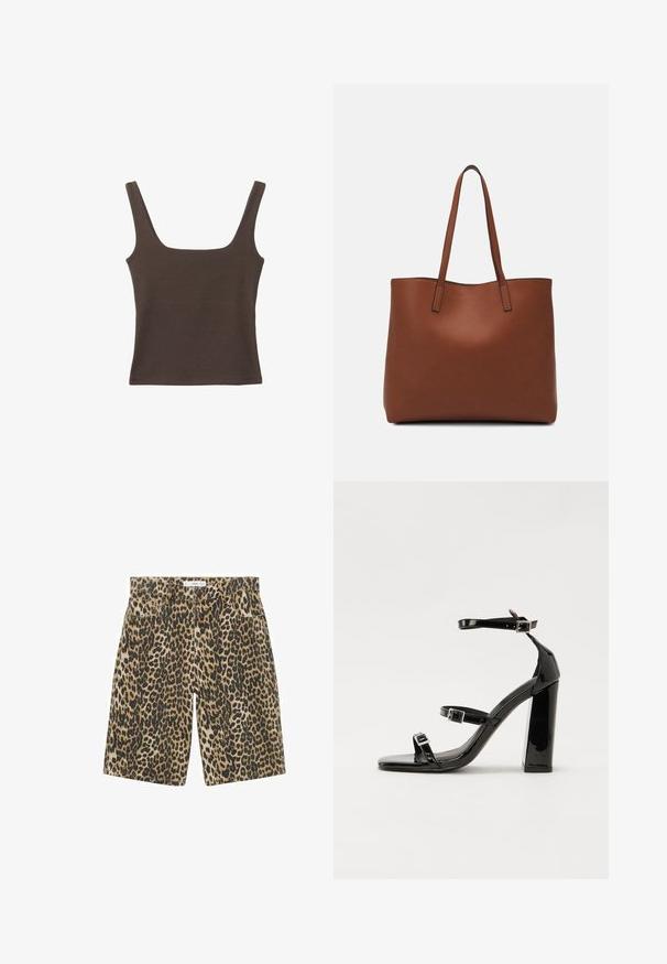 Ruskea hihaton toppi, jossa on neliönmuotoinen kaula-aukko, valmistettu pehmeästä ja joustavasta kankaasta. Ominaisuuksiin kuuluu istuva muotoilu ja sileät saumat.; Mango Farkkushortsit - brown; Musta kiiltävä korkokenkä sandaalit neliönmuotoisella varpaalla, nilkkaremmillä ja hopeisilla soljilla. Varustettu tukevalla lohkokorkealla vakauden takaamiseksi.; Ruskea nahkainen olkalaukku, jossa on sileä pinta, avoin yläosa ja kaksi olkahihnaa. Omaavat vain minimaalisen ompelun eikä näkyvää metalliosaa.