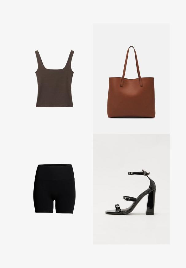 Hnědý bezramínkový top se čtvercovým výstřihem vyrobený z měkké, elastické tkaniny. Má přiléhavý design a ploché švy.; Černé šortky ze směsi bavlny s vysokým elastickým pasem, hladkou texturou a přiléhavým střihem. Bez viditelných vzorů nebo kovových detailů.; Černé lakované sandály na podpatku se čtveratou špičkou, lýtkovými pásky a stříbrnými přezkami. Disponují masivním blokovým podpatkem pro stabilitu.; Hnědá kožená taška přes rameno s hladkou texturou, otevřeným designem a dvěma ramenními popruhy. Obsahuje minimální švy a žádné viditelné kovové prvky.