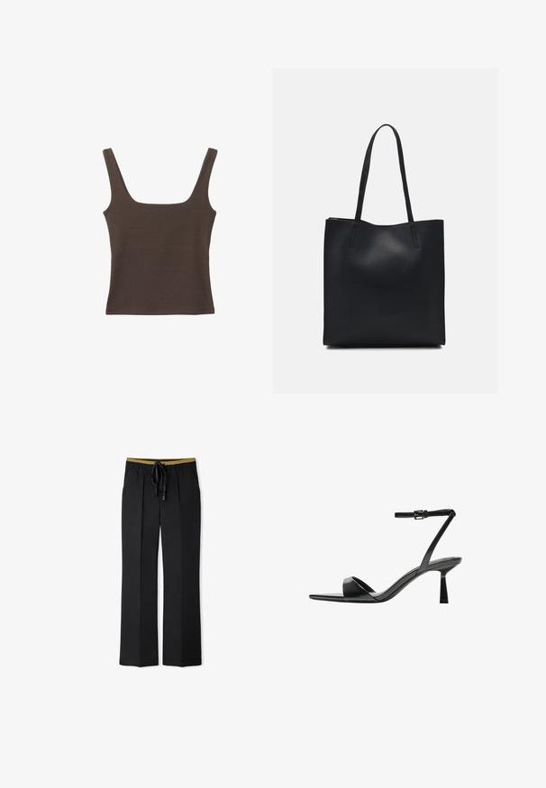 Braunes ärmelloses Oberteil mit quadratischem Ausschnitt, aus weichem, dehnbarem Stoff gefertigt. Verfügt über ein figurbetontes Design und flache Nähte.; Schwarze weit geschnittene Hose mit einem Kordelzug am Bund. Mit einem kontrastierenden goldenen Akzent am Taillenbund. Hergestellt aus einem weichen, glatten Stoff.; Bershka High Heel Sandalette - black; Schwarze Laptoptasche aus Leder mit glatter Textur, rechteckiger Form und zwei langen Griffen. Keine sichtbaren Beschläge oder Verzierungen.