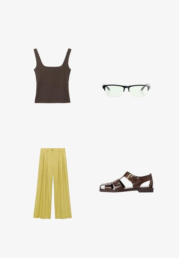 Brown sleeveless top with a square neckline, made from soft, stretchy fabric. Features a fitted design and flat seams.; Wide-leg trousers in light yellow, featuring a textured ribbed pattern, high waist with a front button closure, and relaxed fit.; Brown leather sandal featuring a cutout design, adjustable side buckle, and flat sole, with metal accents and an open toe.; Black rectangular eyeglasses with clear lenses, featuring sleek black frames and gray transparent temple tips. Minimalist design, no visible branding.