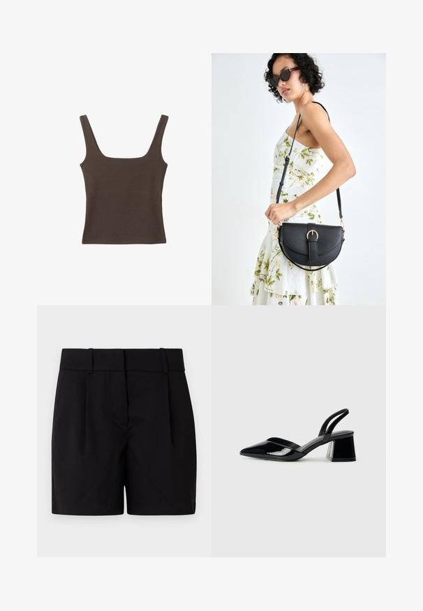 Hnedý bezrúškový top so štvorcovým výstrihom, vyrobený z mäkkého, elastického materiálu. Má priliehavý strih a ploché švy.; Čierne nohavice s rovného strihu s plochým predným dielom, dvoma záhybmi, pásom s pútkami na opasok a rovnom lemom. Vyrobené z hladkej látky.; Čierne lakované kožené sandálové podpätky s špicatou špičkou a geometrickým blokovým podpätkom. Disponujú elegantným, minimalistickým dizajnom a hladkým povrchom.; Čierna kožená kabelka s zaobleným tvarom, odnímateľným popruhom a zlatými doplnkami. Kabelka má klopu s detailom s prackou.