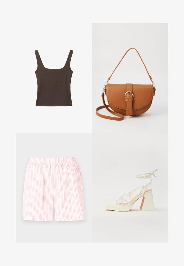 Haut sans manches marron avec un décolleté carré, fabriqué à partir d'un tissu doux et extensible. Présente un design ajusté et des coutures plates.; Shorts en coton léger avec un motif rayé vertical rose et blanc, dotés d'une taille élastique pour le confort et la facilité d'enfilage.; Sandale blanche à talons hauts avec un talon épais, présentant un design à lanières et un lien autour de la cheville. Texture lisse avec une plateforme à l'avant pour une hauteur supplémentaire.; Sac bandoulière en cuir marron avec une forme incurvée, quincaillerie dorée et un accent en boucle. Comprend une bandoulière détachable.