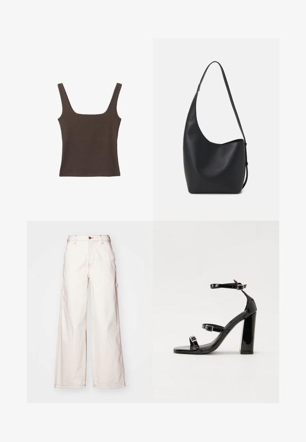 Rjava brezrokavna majica s kvadratnim izrezom, narejena iz mehkega, elastičnega materiala. Ima oprijet kroj in ravne šive.; Široke bele jeans hlače z rdečim šivanjem, z visokim pasom, sprednjim gumbom in stranskimi žepi. Teksturirana bombažna tkanina.; Črne lakirane sandale s peto, kvadratnim prstom, trakovi okrog gležnja in srebrnimi zaponkami. Opremljene so s stabilno Debelo peto.; Črna usnjena hobo torba z gladko teksturo, ukrivljeno obliko in eno nastavljivo naramnico; ima širok odprtina na vrhu.