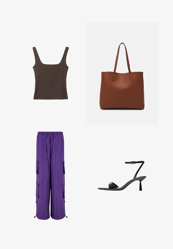 Ruskea hihaton toppi, jossa on neliönmuotoinen kaula-aukko, valmistettu pehmeästä ja joustavasta kankaasta. Ominaisuuksiin kuuluu istuva muotoilu ja sileät saumat.; Violet cargo-housut, joissa on elastinen vyötärö, kahdella sivutaskulla ja kahdella cargo-taskulla. Valmistettu kevyestä kankaasta, jossa on sileä pinta.; Bershka Korolliset sandaalit - black; Ruskea nahkainen olkalaukku, jossa on sileä pinta, avoin yläosa ja kaksi olkahihnaa. Omaavat vain minimaalisen ompelun eikä näkyvää metalliosaa.
