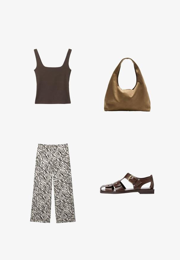 Hnedý bezrúškový top so štvorcovým výstrihom, vyrobený z mäkkého, elastického materiálu. Má priliehavý strih a ploché švy.; Široké nohavice z ľahkej látky s čierno-bielym pruhovaným vzorom inšpirovaným tigrom. Elastický pás s detailom šnúrky na zaväzovanie.; Hnedé kožené sandále s vyrezávaným dizajnom, nastaviteľnou bočnou sponou a plochou podrážkou, s kovovými akcentmi a otvorenou špičkou.; Hnedá látková taška cez rameno s širokým, zaobleným telom a veľkým vyrezaným uchom. Mäkčená textúra, minimalistický dizajn a bez viditeľného kovania.