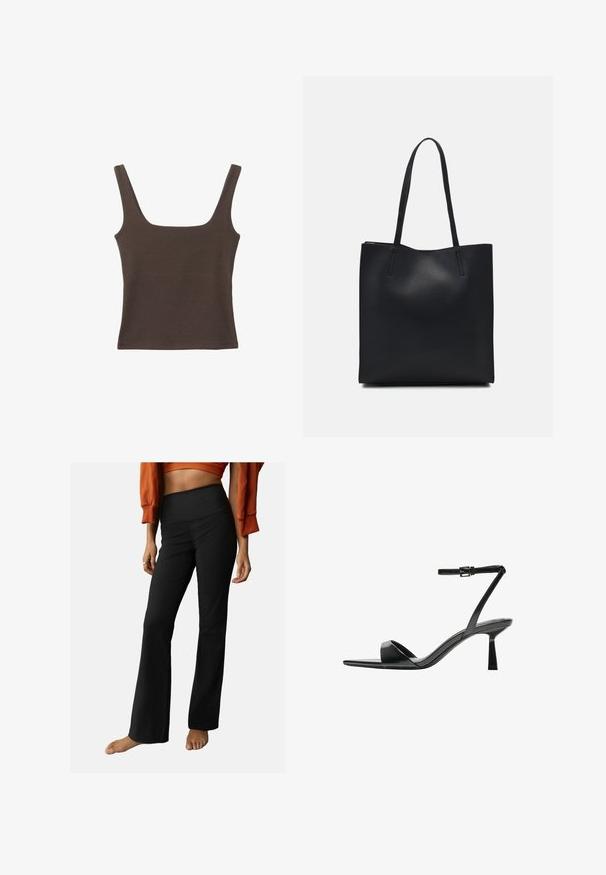 Top senza maniche marrone con scollo quadrato, realizzato in tessuto morbido ed elastico. Presenta un design aderente e cuciture piatte.; Pantaloni neri a costine con una vita alta, caratterizzati da una texture liscia e un design semplice. Le caratteristiche includono una leggera svasatura all'orlo.; Bershka Sandali con tacco - black; Borsa tote in pelle nera con texture liscia, forma rettangolare e due manici lunghi. Nessun hardware o decorazione visibile.