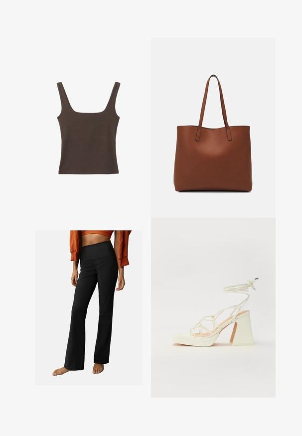 Brun ærmeløs top med firkantet udskæring, lavet af blød, strækbar stof. Har et tætsiddende design og flade sømme.; Sorte ribbede flared bukser med høj talje, der har en glat tekstur og et enkelt design. Der er fine detaljer som en let flare ved kanten.; Hvide højhælede sandaler med en kraftig hæl, der har et stropdesign og ankelbinding. Glat tekstur med en platform foran for ekstra højde.; Brun læder tote taske med en glat overflade, åben topdesign og to skulderremme. Har minimal syning og ingen synlig hardware.