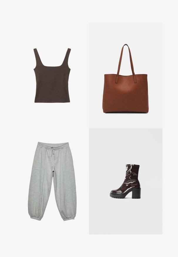 Braunes ärmelloses Oberteil mit quadratischem Ausschnitt, aus weichem, dehnbarem Stoff gefertigt. Verfügt über ein figurbetontes Design und flache Nähte.; Helle graue Joggerhosen aus weichem Stoff, mit elastischem Bund, Kordelzug und elastischen Bündchen, sowie seitlichen Taschen.; Glatte bordeauxrote Ankle Boots mit einem klobigen schwarzen Absatz, die eine glatte Oberfläche und ein einfaches Design aufweisen. Keine sichtbaren Verschlüsse oder Muster.; Braune Leder-Tote mit glatter Textur, offenem Oberteil und zwei Schulterriemen. Verfügt über minimale Nähte und keine sichtbaren Beschläge.