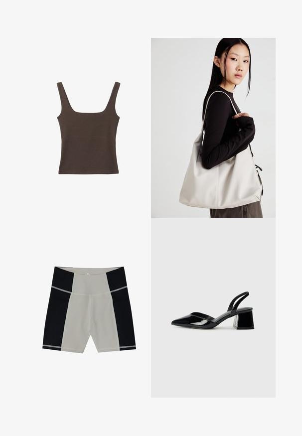 Haut sans manches marron avec un décolleté carré, fabriqué à partir d'un tissu doux et extensible. Présente un design ajusté et des coutures plates.; Shorts de bain pour hommes avec un panneau central beige et des panneaux latéraux noirs. Fabriqués en tissu lisse avec des coutures contrastantes. Longueur mi-cuisse.; Escarpins en cuir verni noir avec bout pointu et talon bloc géométrique. Présente un design élégant et minimaliste ainsi qu'une texture lisse.; Sac à main beige en matériau souple, avec un design décontracté, des détails cousus et deux poignées. Idéal pour un usage quotidien.