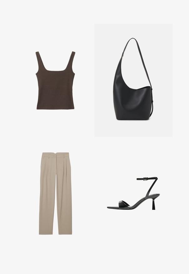 Brown sleeveless top with a square neckline, made from soft, stretchy fabric. Features a fitted design and flat seams.; Beige pleated trousers with a straight leg design, featuring a front button closure and side pockets, crafted from smooth fabric.; Bershka High heeled sandals - black; Black leather hobo bag with a smooth texture, curved shape, and single adjustable strap; features a wide opening at the top.