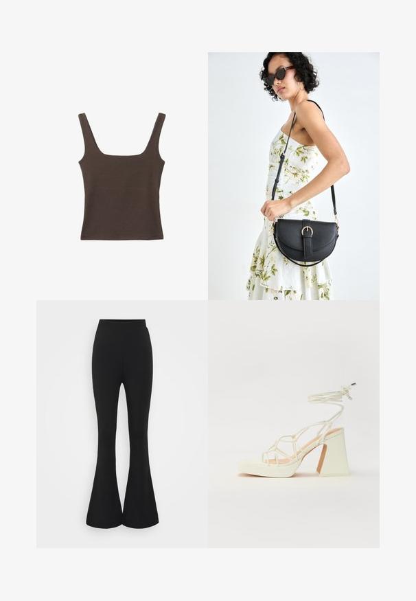Rjava brezrokavna majica s kvadratnim izrezom, narejena iz mehkega, elastičnega materiala. Ima oprijet kroj in ravne šive.; Črne široke hlače iz raztegljive tkanine. Oblikovanje vključuje visok pas in razširjen rob, ki se odpira pod kolenom.; Bela sandala na visokih petah s debelim petam, ki ima obliko trakcev in vezanje okoli gležnja. Gladka tekstura z platformo spredaj za dodatno višino.; Črna usnjena torbica s ukrivljeno obliko, z odstranljivo naramnico in zlatimi dodatki. Torbica ima pokrov s podrobnostmi v obliki zaponke.