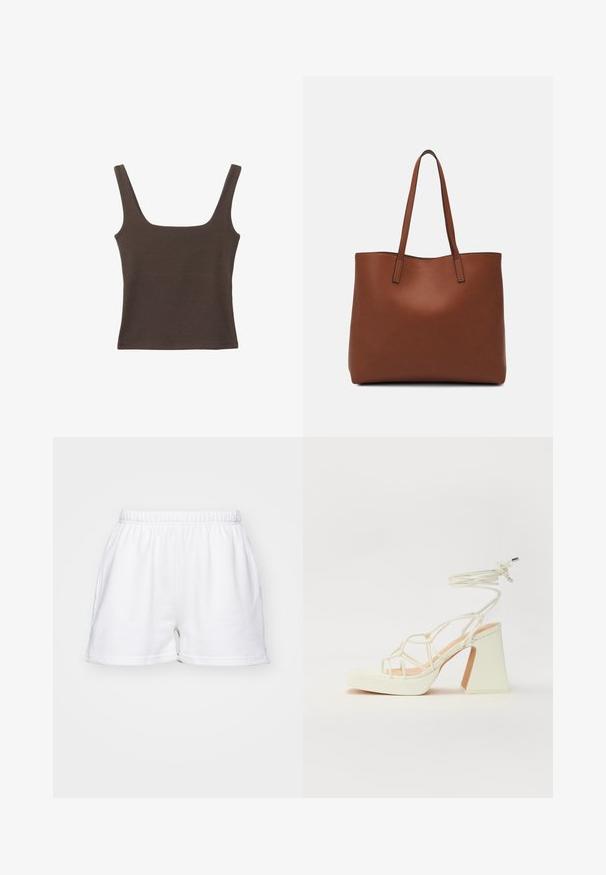 Rjava brezrokavna majica s kvadratnim izrezom, narejena iz mehkega, elastičnega materiala. Ima oprijet kroj in ravne šive.; Beli bombažni šortsi z elastičnim pasom, stranskimi žepi in sproščenim krojem na enotni podlagi.; Bela sandala na visokih petah s debelim petam, ki ima obliko trakcev in vezanje okoli gležnja. Gladka tekstura z platformo spredaj za dodatno višino.; Rjava usnjena torba z gladko teksturo, odprto zasnovo zgoraj in dvema naramnima trakovoma. Opremljena je z minimalnim šivanjem in brez vidnih kovinskih delov.