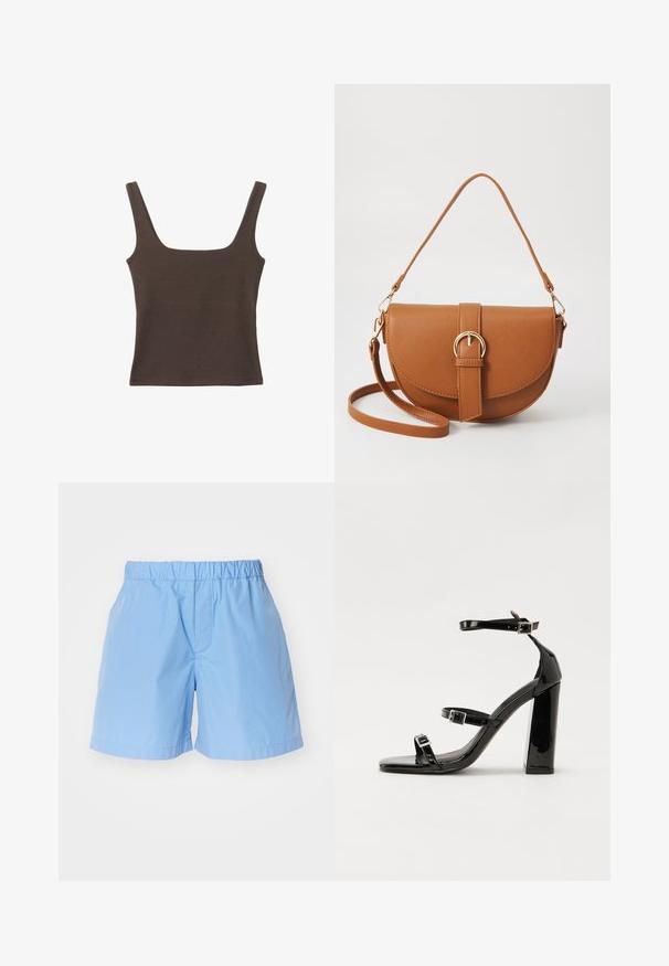 Hnědý bezramínkový top se čtvercovým výstřihem vyrobený z měkké, elastické tkaniny. Má přiléhavý design a ploché švy.; Světle modré bavlněné šortky s elastickým pasem, jednoduchého designu a jemným šitým detailem. Vhodné pro každodenní nošení.; Černé lakované sandály na podpatku se čtveratou špičkou, lýtkovými pásky a stříbrnými přezkami. Disponují masivním blokovým podpatkem pro stabilitu.; Hnědá kožená křížová taška s zakřiveným tvarem, zlatými detaily a akcentem s přezkou. Obsahuje odnímatelný popruh na rameno.