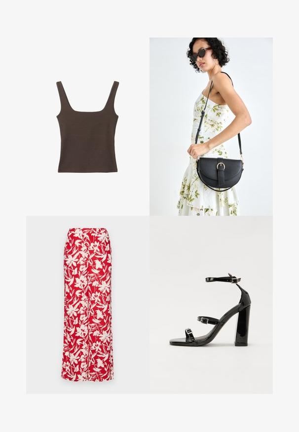 Rjava brezrokavna majica s kvadratnim izrezom, narejena iz mehkega, elastičnega materiala. Ima oprijet kroj in ravne šive.; Rdeča cvetlična maxi krila iz lahkega blaga. Ima velike bele cvetne vzorce in prilegajoč pas, kar ponuja raven silhueto.; Črne lakirane sandale s peto, kvadratnim prstom, trakovi okrog gležnja in srebrnimi zaponkami. Opremljene so s stabilno Debelo peto.; Črna usnjena torbica s ukrivljeno obliko, z odstranljivo naramnico in zlatimi dodatki. Torbica ima pokrov s podrobnostmi v obliki zaponke.
