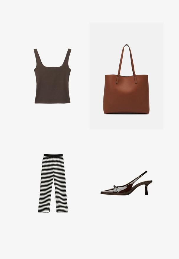 Haut sans manches marron avec un décolleté carré, fabriqué à partir d'un tissu doux et extensible. Présente un design ajusté et des coutures plates.; Pantalons rayés noir et blanc avec un design à jambes larges, dotés d'une taille élastique pour le confort et d'un tissu en maille texturée.; Chaussure slingback en cuir verni marron avec un bout pointu, un petit talon et un accent de nœud décoratif à l'avant. Texture lisse et brillante.; Sac fourre-tout en cuir marron avec une texture lisse, design à ouverture supérieure et deux poignées pour le porter à l'épaule. Présente des coutures minimales et aucun matériel visible.