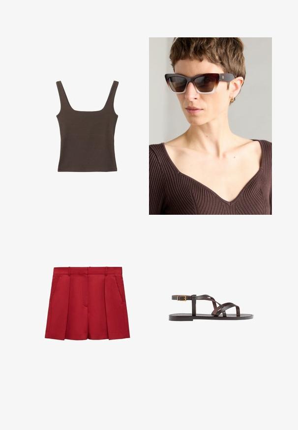 Top senza maniche marrone con scollo quadrato, realizzato in tessuto morbido ed elastico. Presenta un design aderente e cuciture piatte.; Pantaloni corti rossi su misura realizzati in tessuto leggero, con frontale piatto, due tasche laterali e un finish elegante con pieghe.; Sandal in pelle marrone con cinturini incrociati, chiusura con cinturino alla caviglia e suola piatta con dettagli di cucitura minimi.; Occhiali da sole a forma di gatto marroni con lenti sfumate, montatura spessa in tartaruga e bracci scuri in contrasto con un sottile dettaglio del logo.