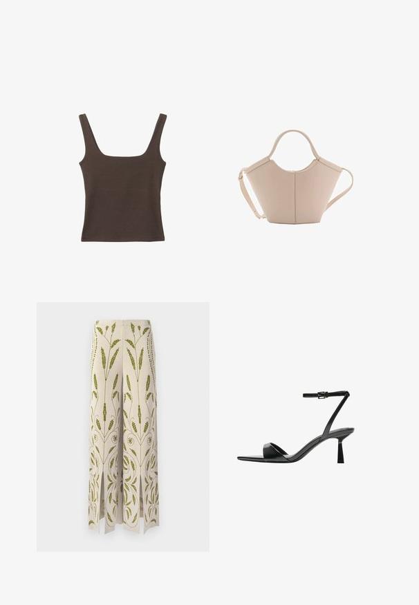 Bruine tanktop zonder mouwen met een vierkante halslijn, gemaakt van zachte, rekbare stof. Heeft een aansluitend ontwerp en platte naden.; Wijd-uitlopende broek van crèmekleurige stof met groene bloem borduursels. Kenmerkt zich door uitsneden aan de zoom en ingewikkelde botanische patronen.; Bershka Sandalen met hoge hak - black; Beige leren handtas met een unieke vorm, voorzien van twee korte handvatten en een lange verstelbare schouderriem. Glad oppervlak met minimale hardware.