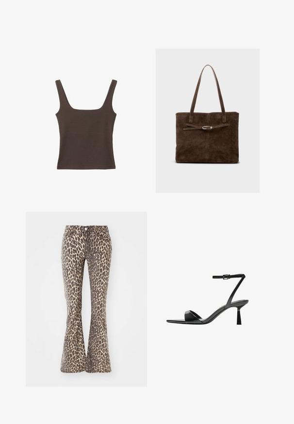 Hnědý bezramínkový top se čtvercovým výstřihem vyrobený z měkké, elastické tkaniny. Má přiléhavý design a ploché švy.; Džínové kalhoty se zvěřeckým potiskem v béžové a tmavě hnědé barvě, s vysokým pasem, pěti kapsami a zapínáním na knoflík. Denimová tkanina s texturovaným povrchem.; Bershka Sandály na vysokém podpatku - black; Hnědá velká taška z semiše s dlouhými uchy, s plochým tělem a ozdobným popruhem se stříbrným kováním.