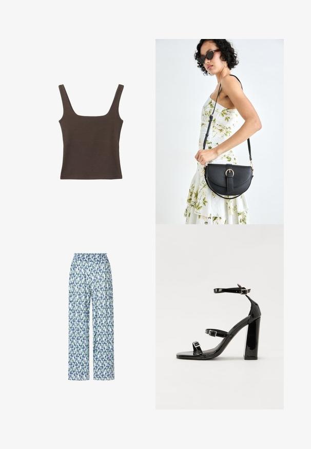 Hnědý bezramínkový top se čtvercovým výstřihem vyrobený z měkké, elastické tkaniny. Má přiléhavý design a ploché švy.; Kalhoty s květinovým potiskem s modro-zeleným vzorem na bílém pozadí, široké nohavice a elastickým pasem.; Černé lakované sandály na podpatku se čtveratou špičkou, lýtkovými pásky a stříbrnými přezkami. Disponují masivním blokovým podpatkem pro stabilitu.; Černá kožená kabelka s křivkovým tvarem, odnímatelným popruhem a zlatými detaily. Kabelka má klopu s přezkou.