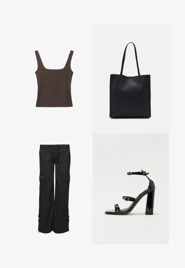 Brązowa bezrękawnikowa bluzka o kwadratowym dekolcie, wykonana z miękkiego, elastycznego materiału. Posiada dopasowany krój i płaskie szwy.; Czarne spodnie cargo wykonane z lekkiego materiału. Posiadają elastyczny pas, liczne kieszenie oraz zamki u dołu. Teksturowane wykończenie.; Czarne lakierowane sandały na obcasie z kwadratowym noskiem, z paskami wokół kostki i srebrnymi klamrami. Posiadają masywny słupek dla stabilności.; Czarna skórzana torba tote o gładkiej fakturze, prostokątnym kształcie i dwóch długich uchwytach. Brak widocznych elementów metalowych i ozdób.