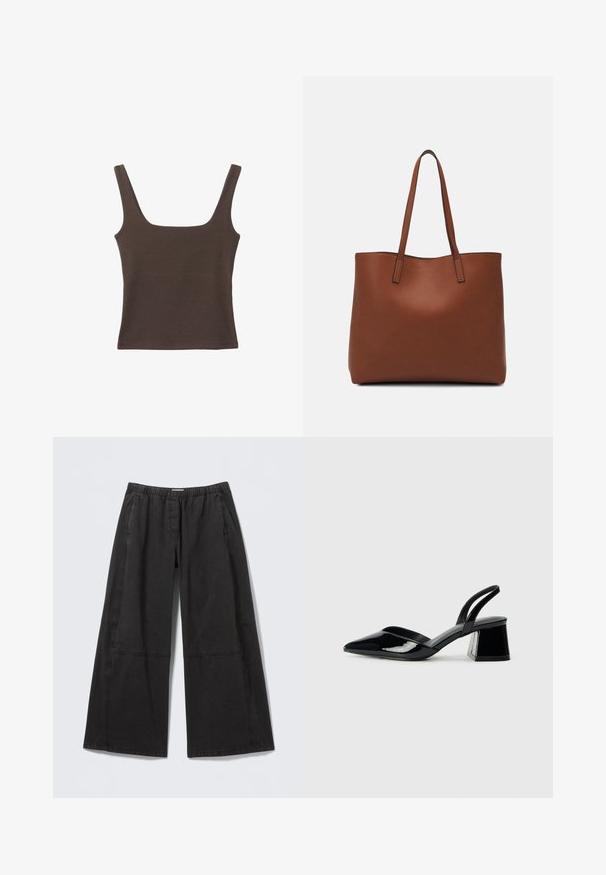 Ruskea hihaton toppi, jossa on neliönmuotoinen kaula-aukko, valmistettu pehmeästä ja joustavasta kankaasta. Ominaisuuksiin kuuluu istuva muotoilu ja sileät saumat.; Mustat leveälahkeiset housut, valmistettu puuvillasta. Niissä on joustava vyötärö, teksturoitu kangas ja sivuilla ommellut paneelidetaljit.; Mustat patentoitu nahkakengät, joissa on säären takaosa ja terävä kärki, sekä geometrinen palikkakorko. Sisältää tyylikkään, minimalistisen muotoilun ja sileän pinnan.; Ruskea nahkainen olkalaukku, jossa on sileä pinta, avoin yläosa ja kaksi olkahihnaa. Omaavat vain minimaalisen ompelun eikä näkyvää metalliosaa.